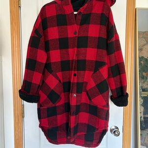 Red and Black Plaid Long Hooded Coat